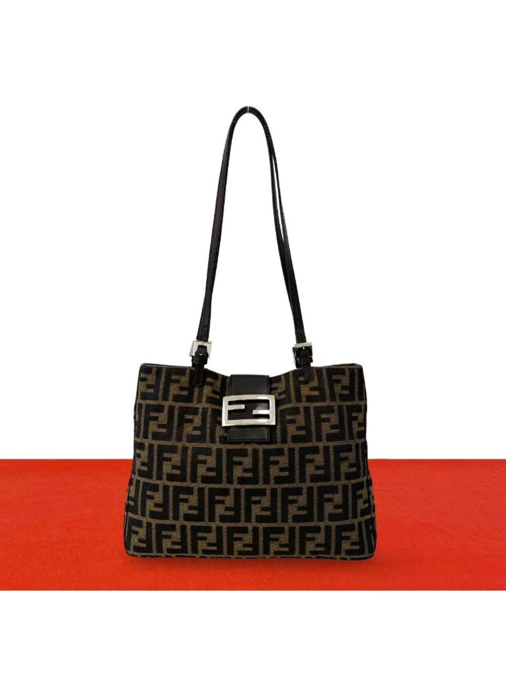 Fendi Zucca FF Pattern Canvas Leather Tote Shoulder Bag Brown